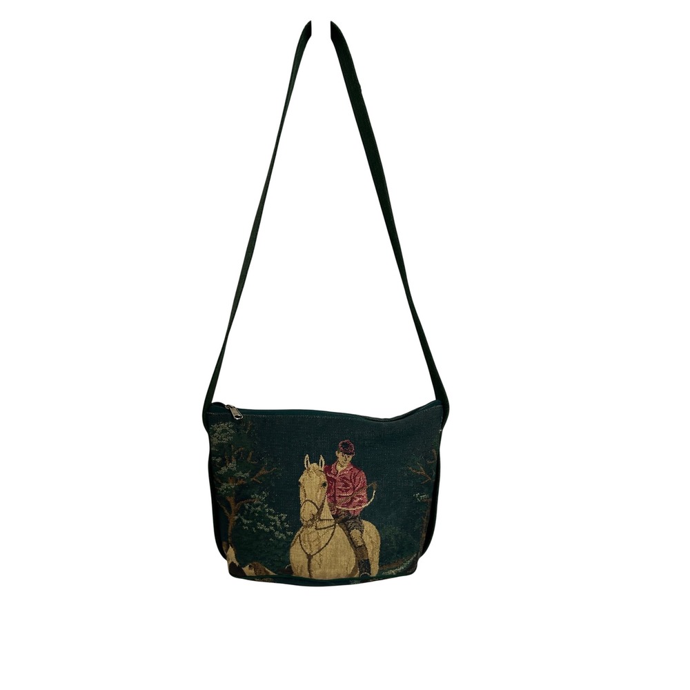 Equestrian Tapestry Shoulder Bag Forest Green Polo Horse Rider Woven Zip Vintage